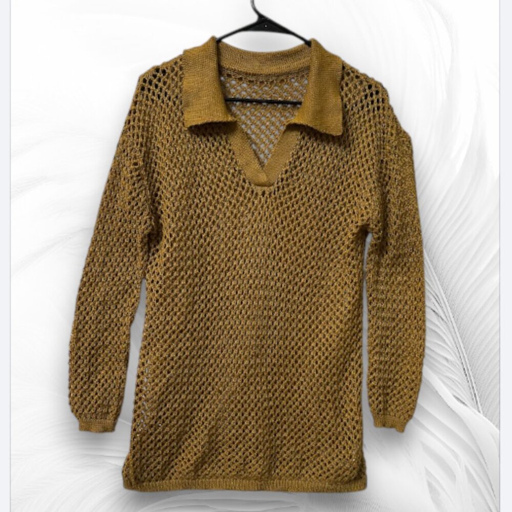 New Mustard Open Knit Sweater with Collar Size: M